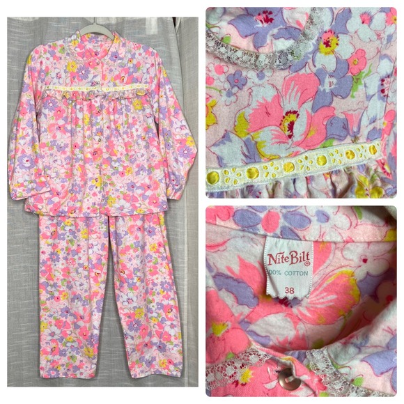 60s Vintage Nite Bilt Floral Flannel Pajamas Ruffle Lace Girly Cotton Women's S